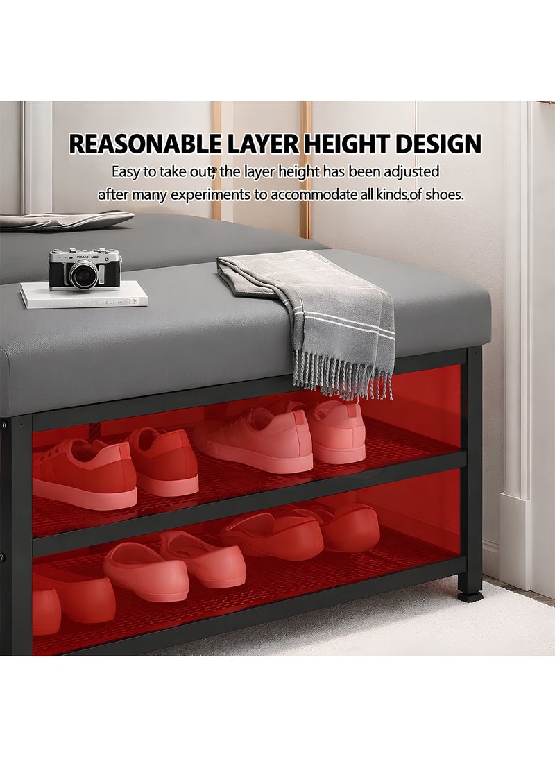 Taimi 2-Tier Shoe Organizer Rack 80cm with Faux Leather Padded Seat and Steel Frame, for Bedroom and Hallway - Gray/Black - Image 4